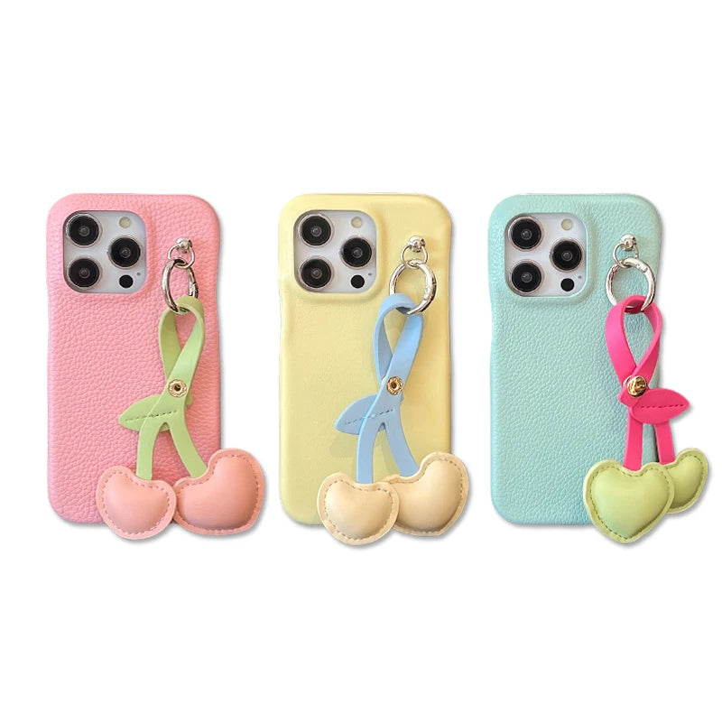 Cute Phone Cases for iPhone 15, 14, 13, 12, and 11 Pro Max - Candy Color, 3D Bow Cherry Pendant - TSP468