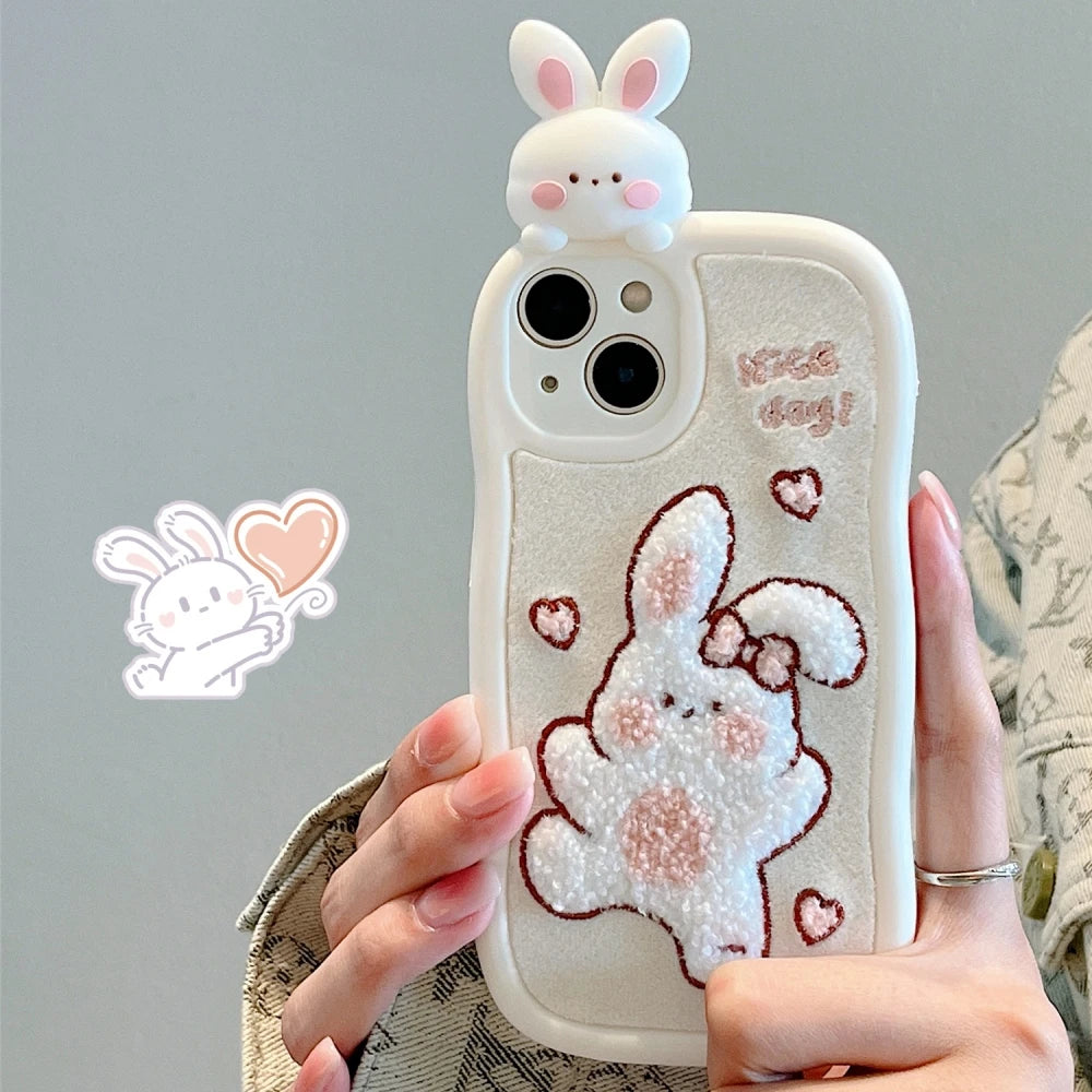 Cute Phone Cases - 3D Plush Rabbit Doll with Pearl Crossbody Strap for iPhone 11-15 Pro Max - TSP293