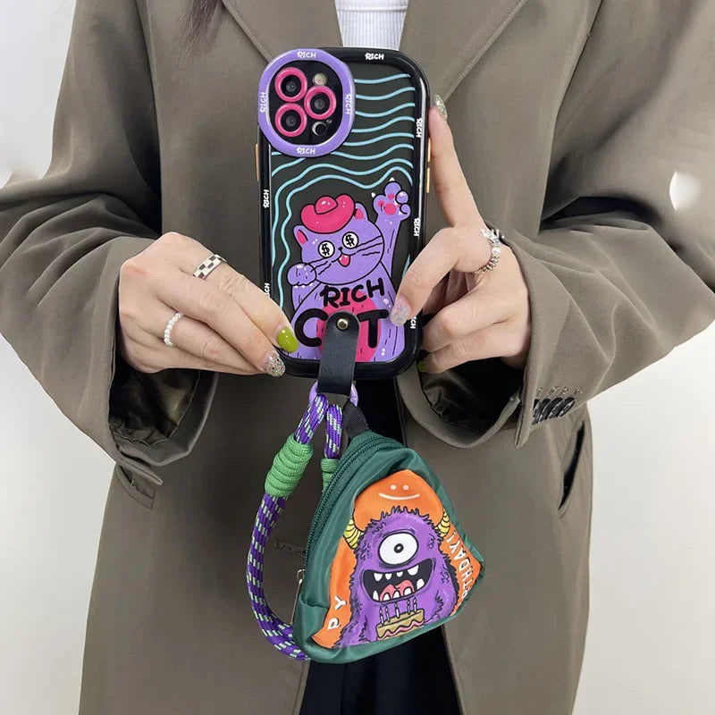 Cute Phone Cases for iPhone 11, 12, 13, 14, 15, and 16 Pro Max - Cat Painting - Lanyard, Wrist Chain Shell - TSP482