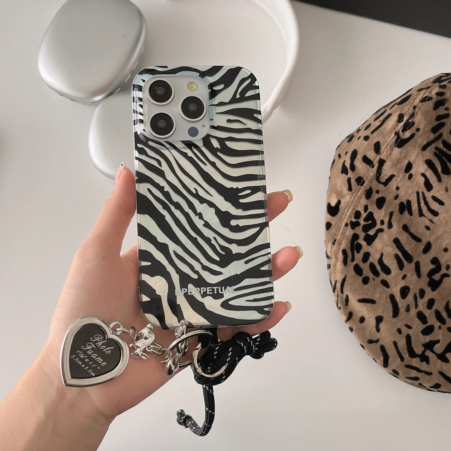 Cute Phone Cases iPhone 16, 15, 14, 13 Pro Max - Double Layers Zebra Pattern - Black Heart Wrist Chain - PC1420