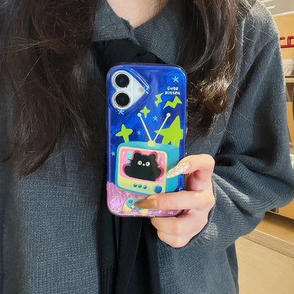 Cute Phone Cases For iPhone 16, 15, 14, 13 Pro Max - Cartoon Blue Kitten in TV - Double Layers IMD Back Cover - PC7420