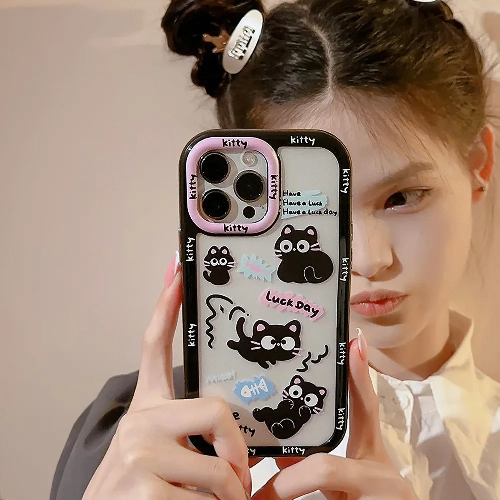 Cute Phone Cases For iPhone 16, 15, 14, 13, 12, 11 Pro Max, Xr, 16 Plus - Funny Black Cat Cartoon Cover with Wristchain - IC9420