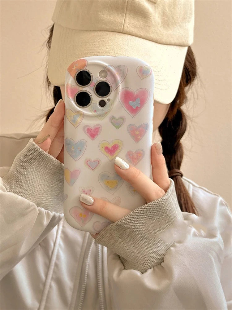 Cute Phone Cases - Colorful Love Heart Liquid Skin Silicone for iPhone 11-15 Pro Max - TSP294