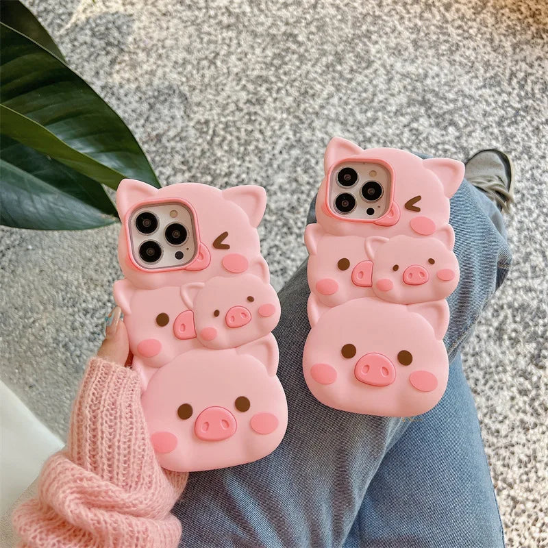 Cute Phone Cases for iPhone 14, 13, 12, and 11 Pro Max models - 3D Funny Pigs - Soft Silicone Cover - TSP251