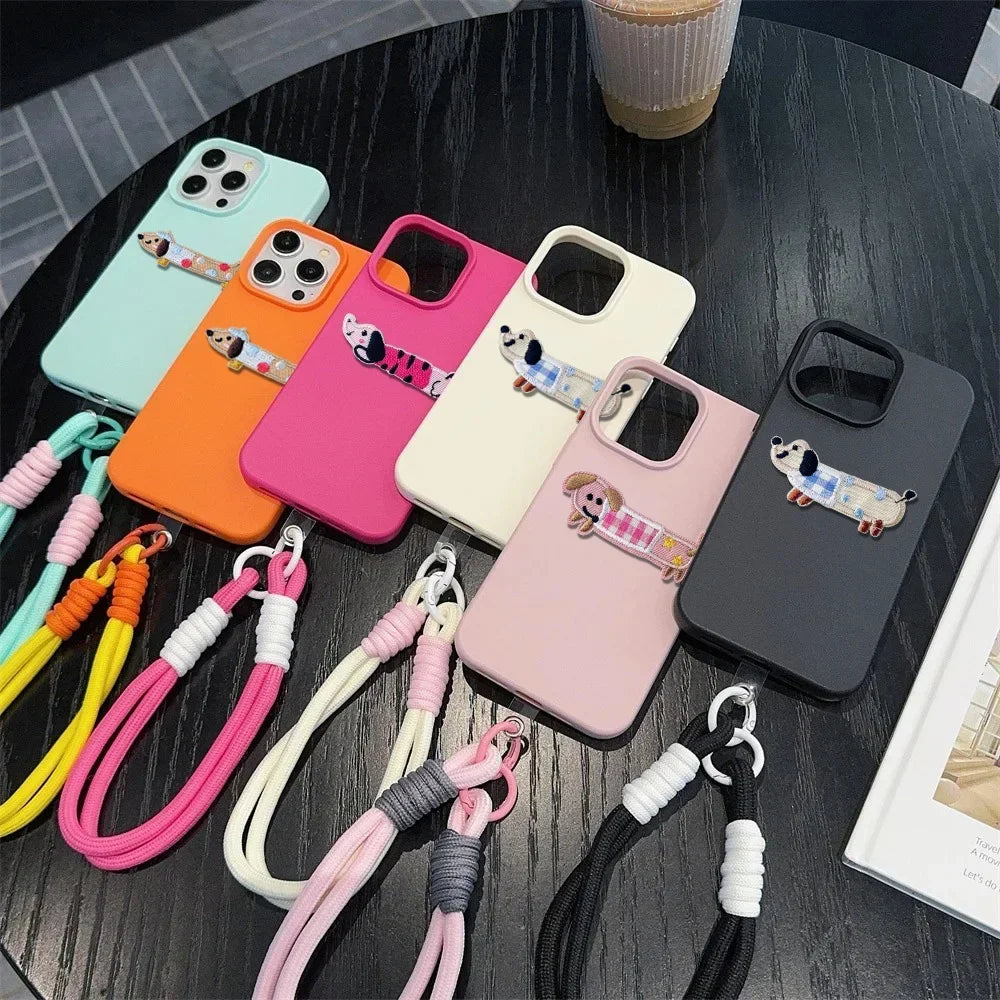 Cute Phone Cases For iPhone 16 Pro Max, 7, 8 Plus, and SE - Lazy Dog, Candy Leather Cover with Wrist Chain - TSP478