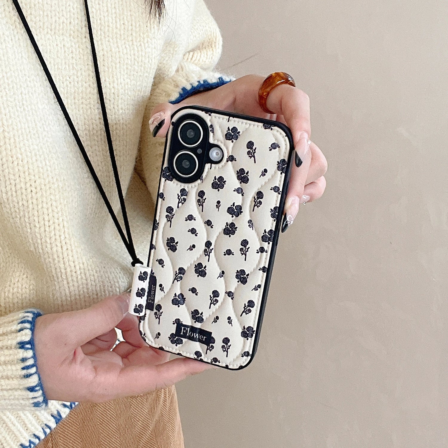 Cute Phone Cases for iPhone 16, 15, 14, 13 Pro Max - Winter Vibe Cotton Stuffed Black Roses Pattern - Chic Back Cover - PC1320