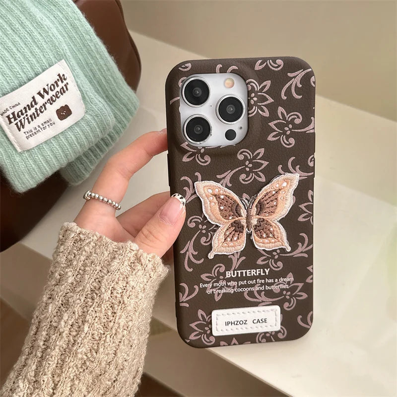 Cute Phone Cases For iPhone 12, 13, 14, 15, or 16 Pro Max - Stylish Embroidery Butterfly Pattern - TSP331