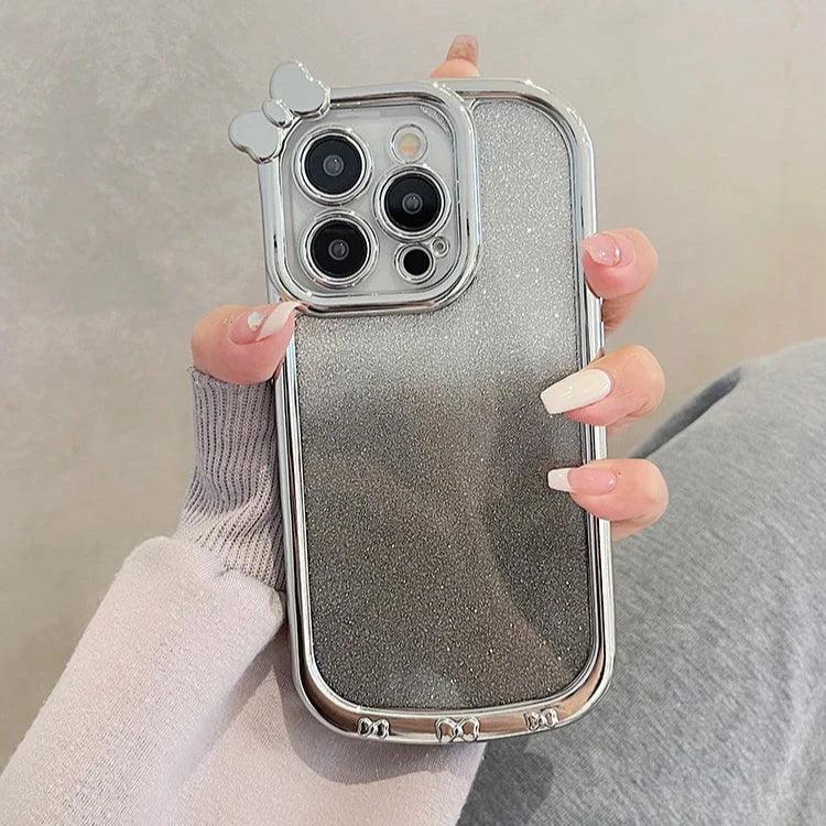 Cute Phone Cases For iPhone 11, 12, 13, 14, or 15 Pro Max - Plating Silver Bowknot - Transparent Cover - TSP257