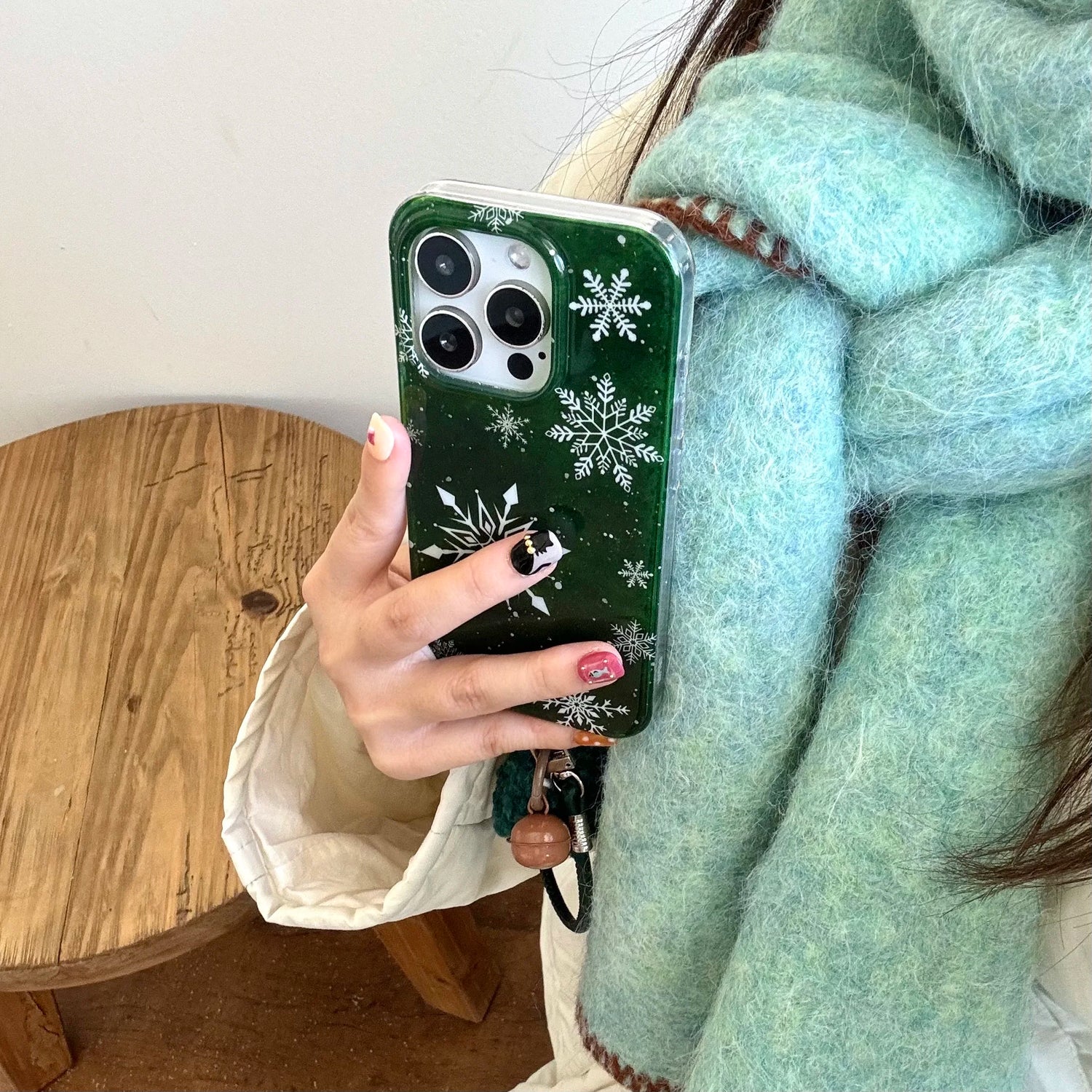 Cute Phone Cases For iPhone 16, 15, 14, 13 Pro Max - Vintage Glittering Green Snowflakes - Fluffy Dangle Chic Back Cover - PC9430