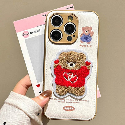 Cute Phone Cases For iPhone 16 Pro Max, 15, 13, 14 - Embroidered Heart &amp; Bear Pattern - Leather Cover - PC1421 - Touchy Style