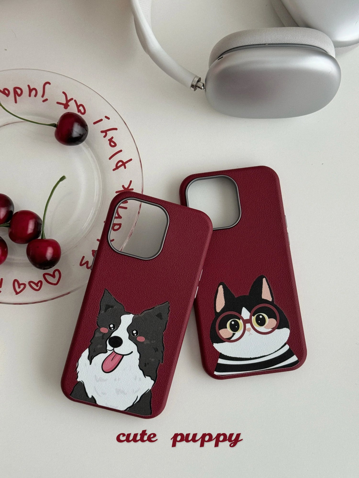 Cute Phone Cases For iPhone 16, 15, 14, 13 Pro Max - Cartoon Cat &amp; Dog Leather Texture Cover - Metal Lens Frame - PC1530