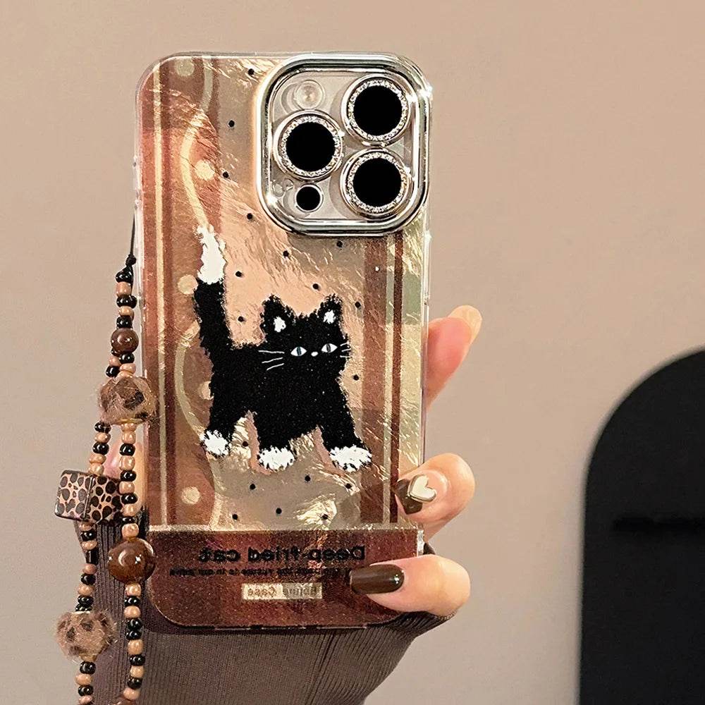 Cute Phone Cases For iPhone 16, 15, 14, 13, 12, 11 Pro Max - Anger Black Cat Plating Tin Foil Pattern - Cartoon Cover - CC6420 - Touchy Style