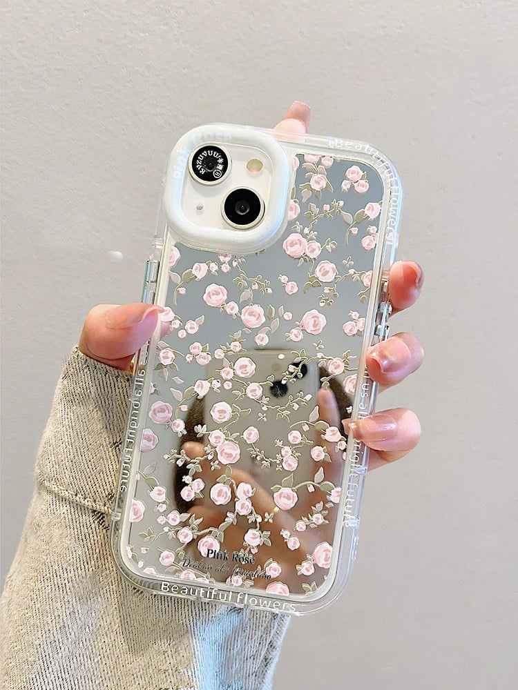 Cute Phone Cases: Pink Rose Makeup Mirror for iPhone 15 Pro Max, 14, 13, 12, and 11 - TSP300