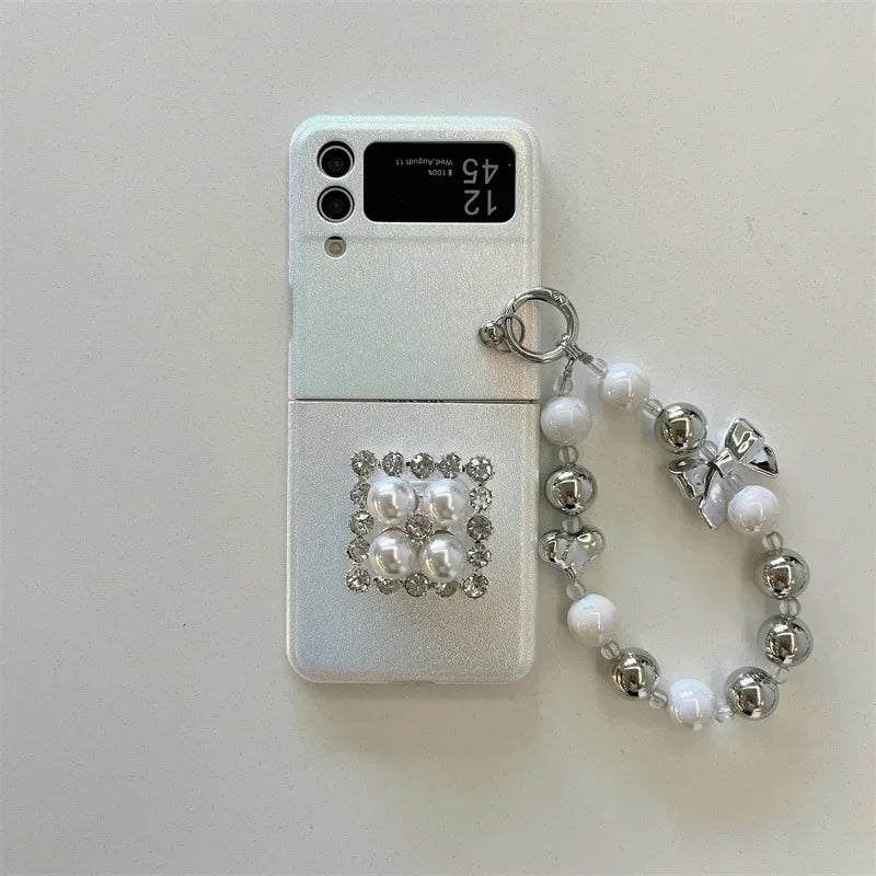 Cute phone Cases For Galaxy Z Flip 5 3 4 - Luxury Pearl Rhinestone Glitter Laser Cover with Wristchain - C5220