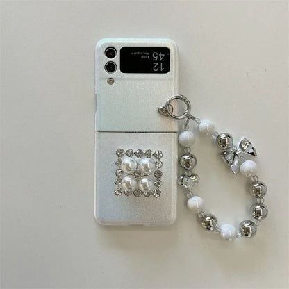 Cute phone Cases For Galaxy Z Flip 5 3 4 - Luxury Pearl Rhinestone Glitter Laser Cover with Wristchain - C5220