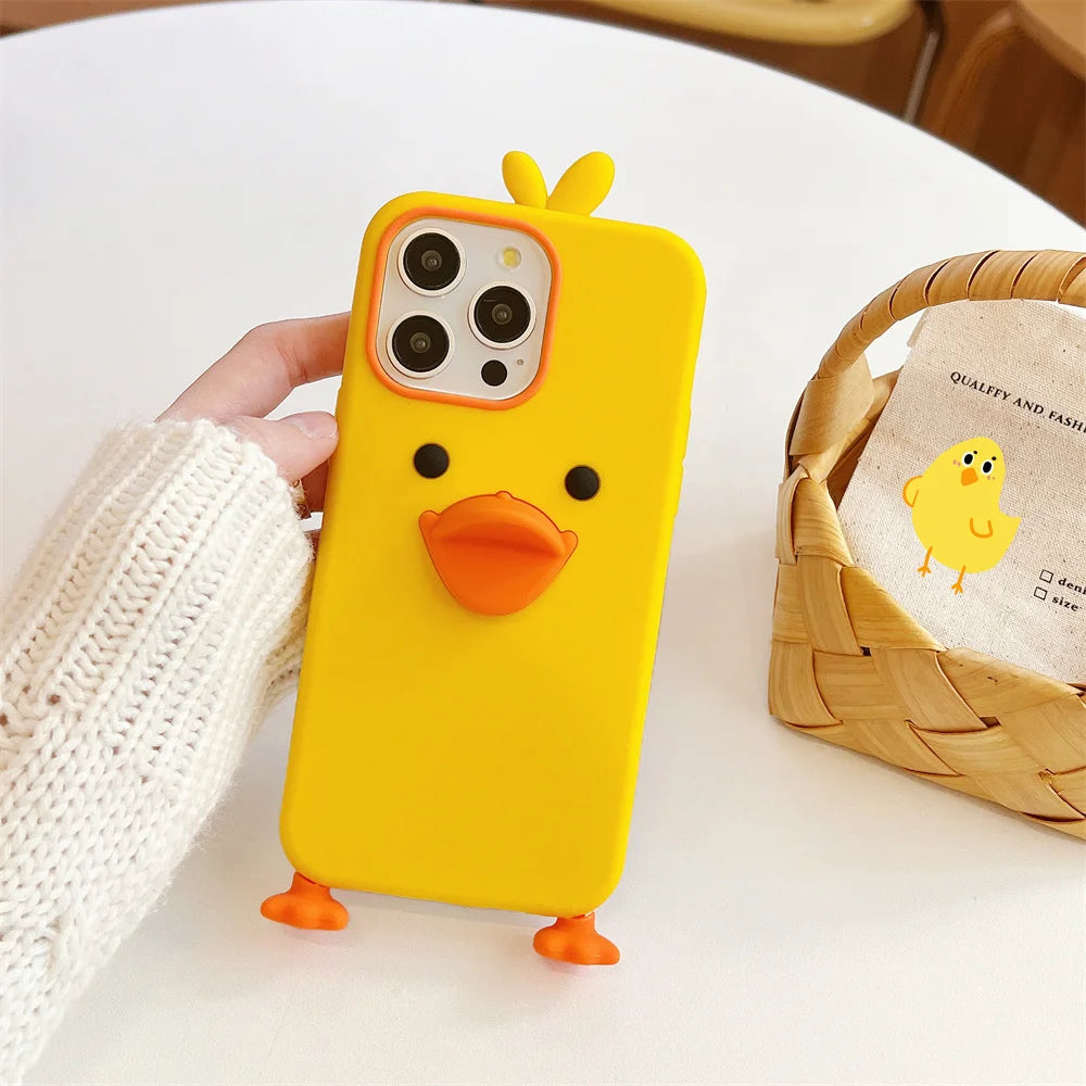 Cute Phone Cases For iPhone 16, 15, 14, 13, 12Mini, 11 Pro Max, 11 Plus, X, XR, XS - Soft Silicone 3d Little Yellow Duck - IC8021