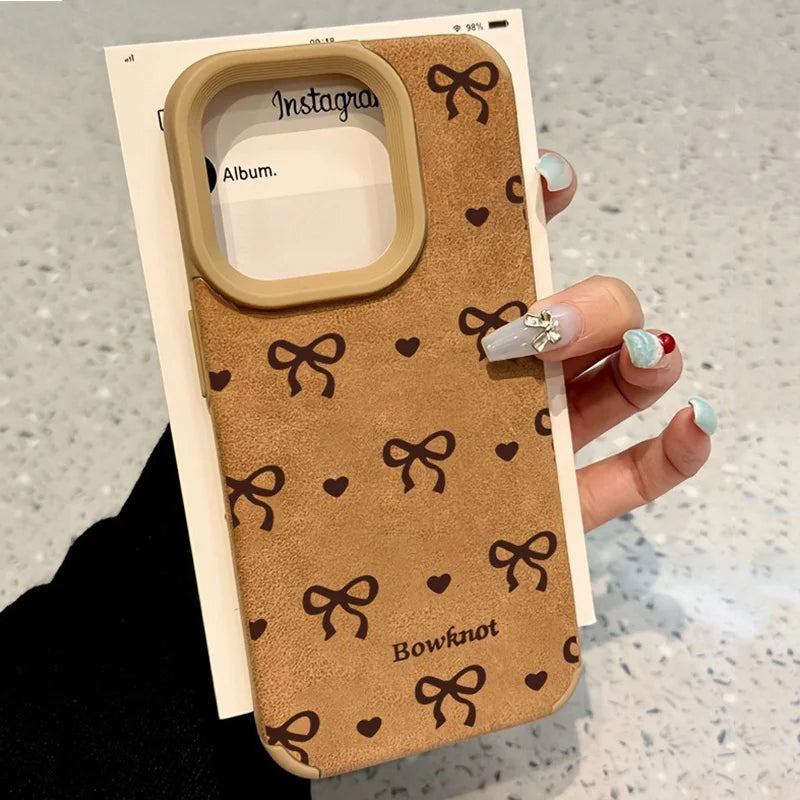 Cute Phone Cases For iPhone 16 15 14 Pro Max XS X XR 11 12 13 15 16 Plus - Simple Hearts Dots Bow Pattern - Leather Cover - Touchy Style