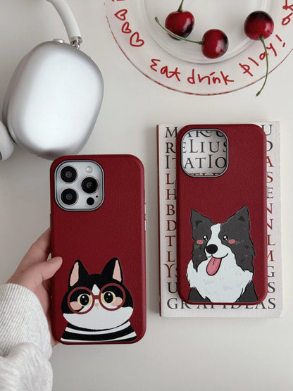 Cute Phone Cases For iPhone 16, 15, 14, 13 Pro Max - Cartoon Cat &amp; Dog Leather Texture Cover - Metal Lens Frame - PC1530