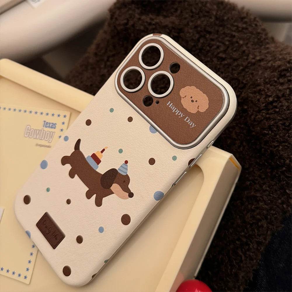 Cute Phone Cases For iPhone 16, 15, 14, 13 Pro Max - Leather Polka Dots Dog Back Cover with Wristchain - PC6411 - Touchy Style