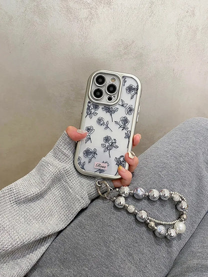 Cute Phone Cases: 3D Black Rose Flowers Silver Bumper Clear Back Cover for iPhone 11-15 Pro Max - TSP312