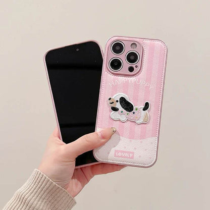 Cute Phone Cases For iPhone 16, 15, 13, 14 Pro Max - Pink Cartoon Dog Puppy - Soft Leather Cover - PC4421 - Touchy Style