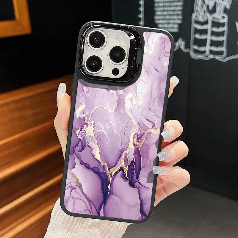 Cute Phone Cases For iPhone 16, 15 Pro Max, 14, 15 Plus, 13, 12 Pro Max, 11 - Lens Frame Holder - Purple Marble Printed Cover - PC6120 - Touchy Style