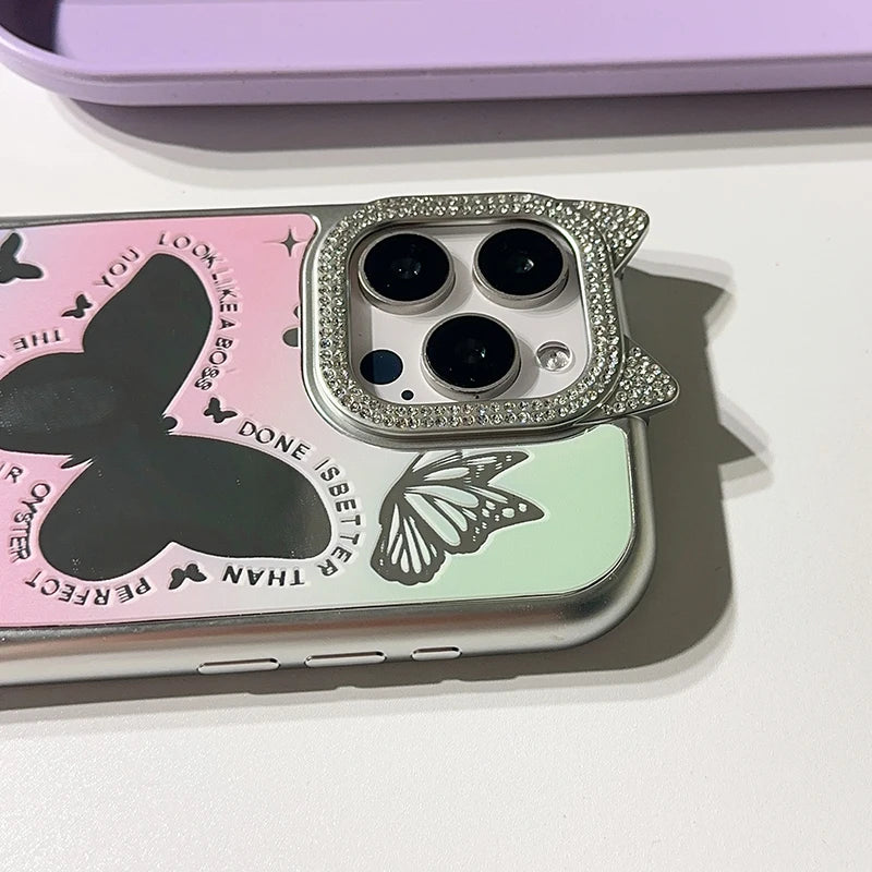 Cute Phone Cases: Lovely Butterfly Silver Mirror Back Cover with Cat Ears for iPhone 11-15 Pro Max - TSP288