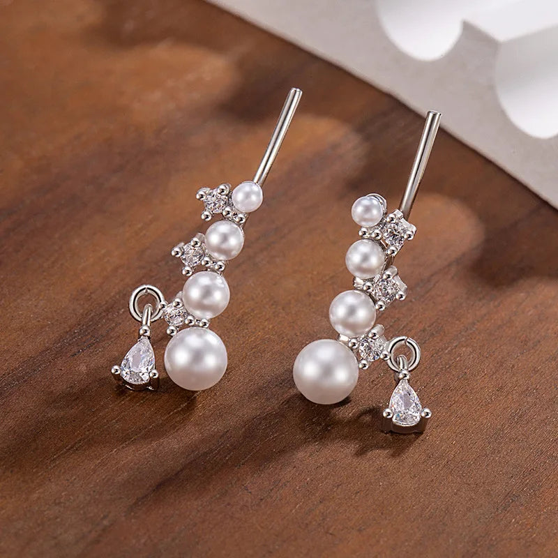 Stud Earrings Charm Jewelry - Linked Pearl, Clear CZ Elegant - TSJ80