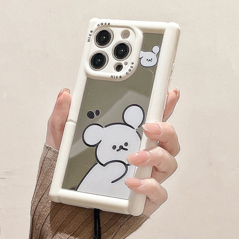 Cute Phone Cases - White Puppy Dog Makeup Mirror with Kickstand for iPhone 11-15 Pro Max - TSP297