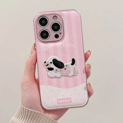 Cute Phone Cases For iPhone 16, 15, 13, 14 Pro Max - Pink Cartoon Dog Puppy - Soft Leather Cover - PC4421 - Touchy Style