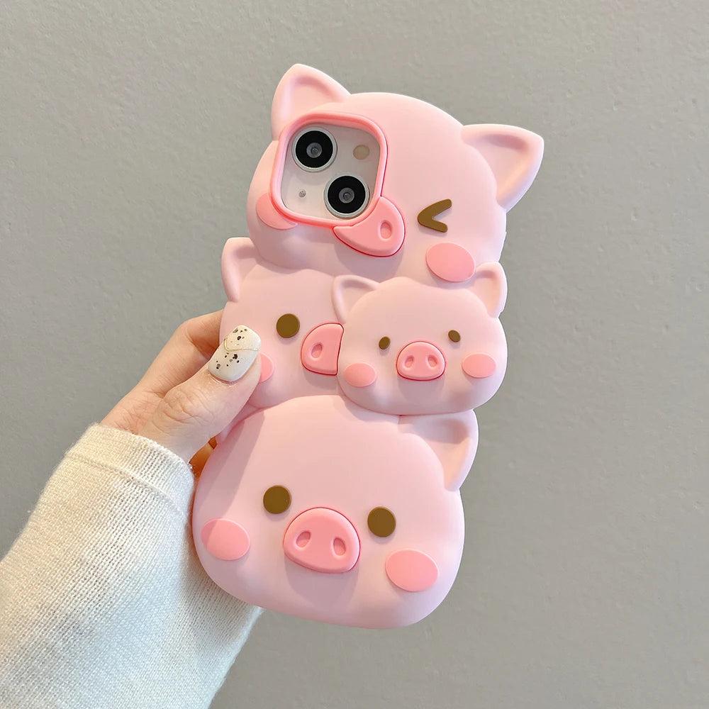 Cute Phone Cases for iPhone 14, 13, 12, and 11 Pro Max models - 3D Funny Pigs - Soft Silicone Cover - TSP251