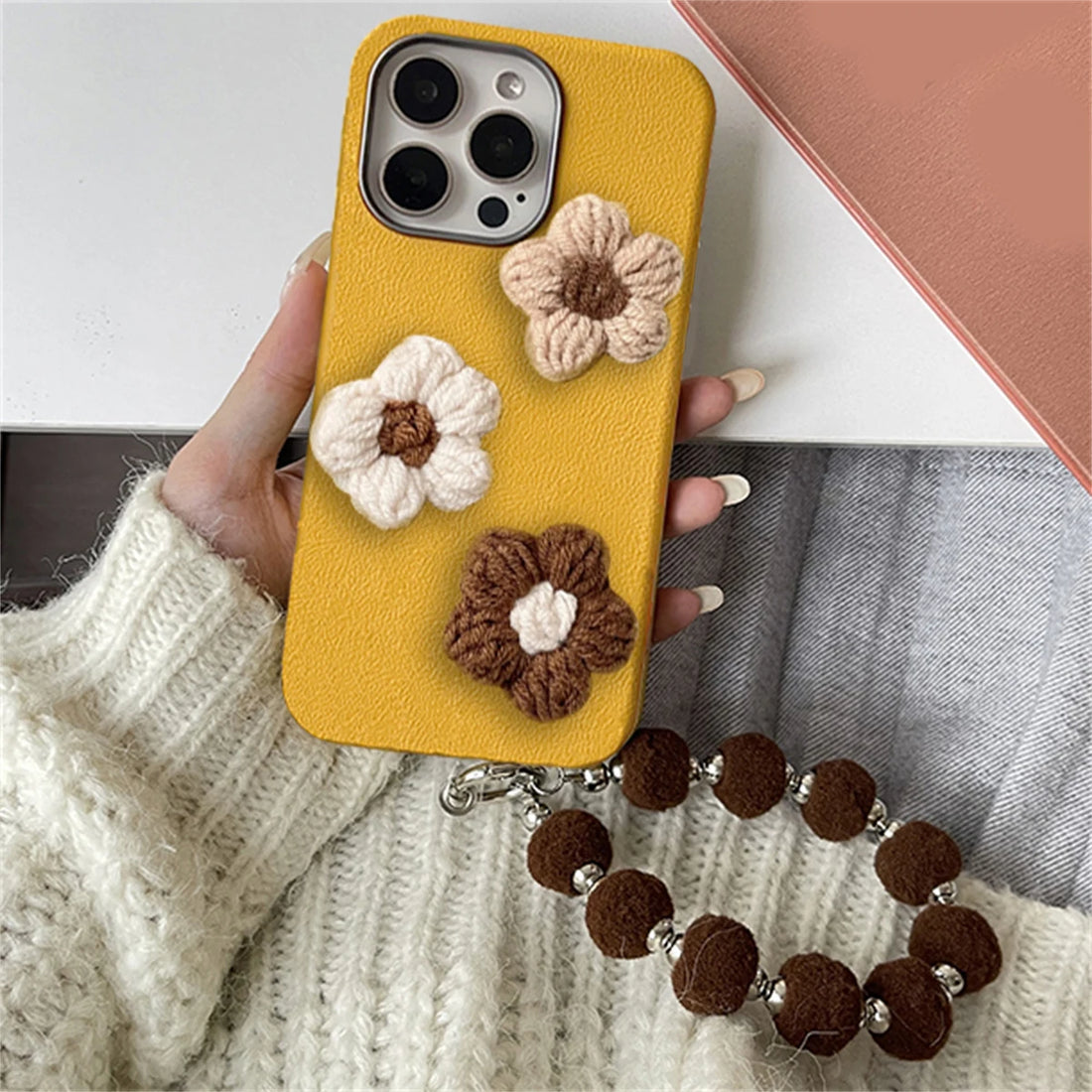 Cute Phone Cases for iPhone 11, 12, 13, 14, 15, and 16, including Pro Max and Plus versions - 3D Knitted Flower Pattern - TSP445