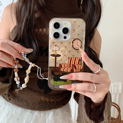 Cute Phone Cases For iPhone 16, 15, 14, 13 Pro Max - Vintage Lamp &amp; Cat Pattern Cover with Beaded Wrist Chain - PC6520