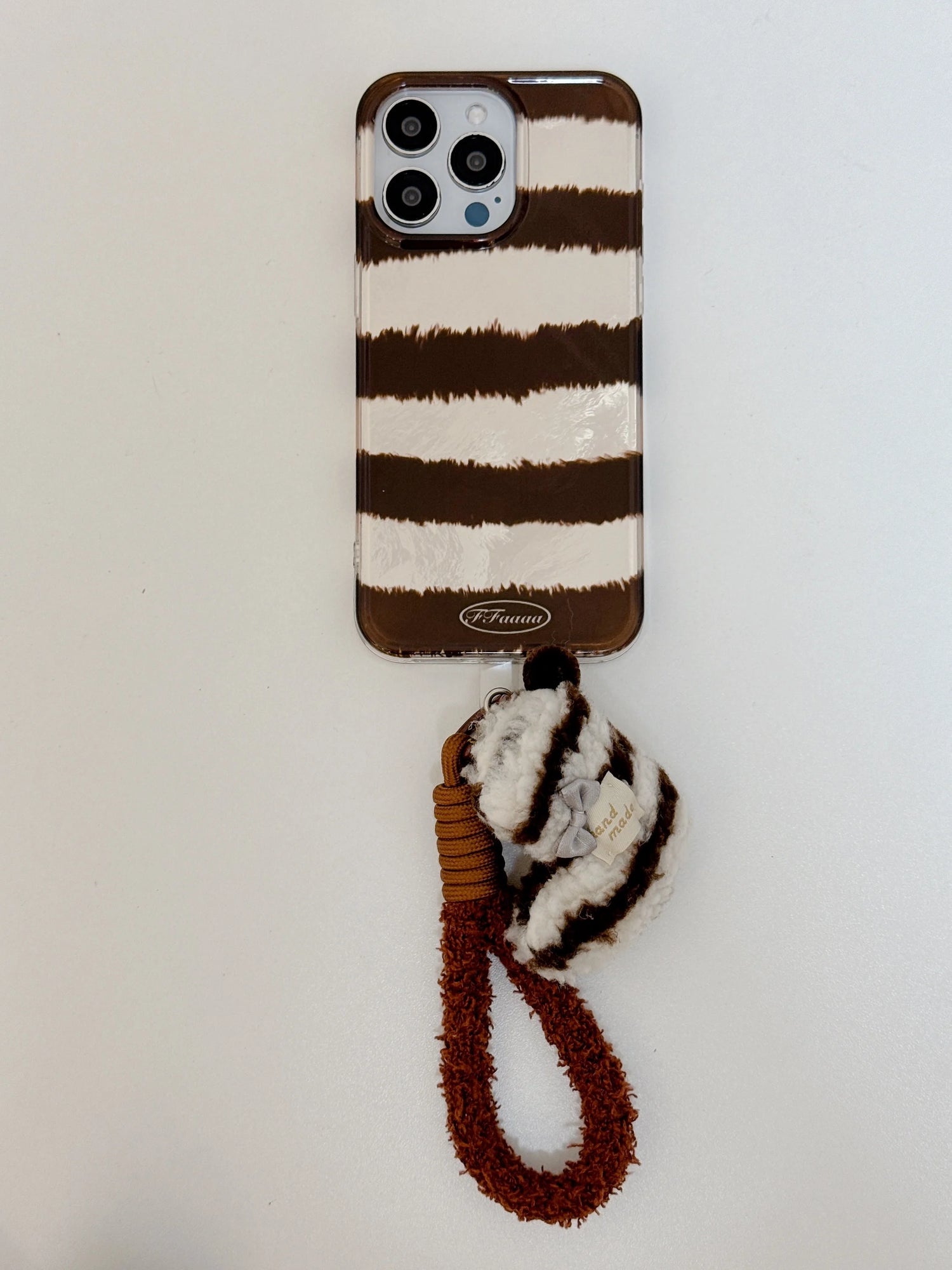 Cute Phone Cases For iPhone 16, 15, 14, 13 Pro Max - Creative Laser Brown Stripes with Fluffy Socks Wrist Band - PC6130