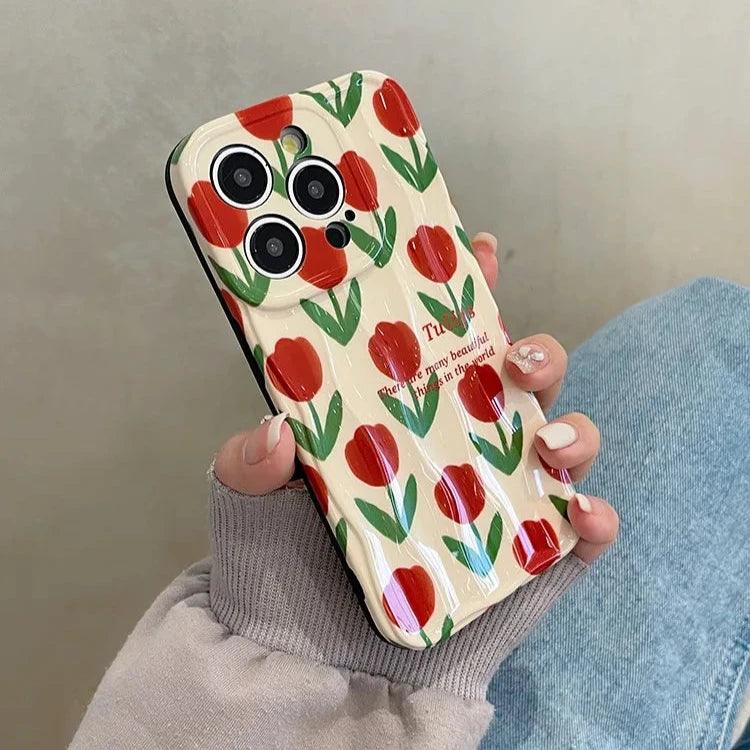 Cute Phone Cases For iPhone 11, 12, 13, 14, and 15 Pro Max - Beautiful Red Flower - Wavy Cover - TSP266