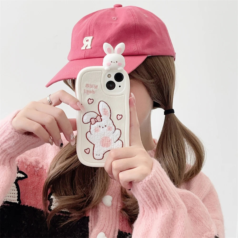 Cute Phone Cases - 3D Plush Rabbit Doll with Pearl Crossbody Strap for iPhone 11-15 Pro Max - TSP293