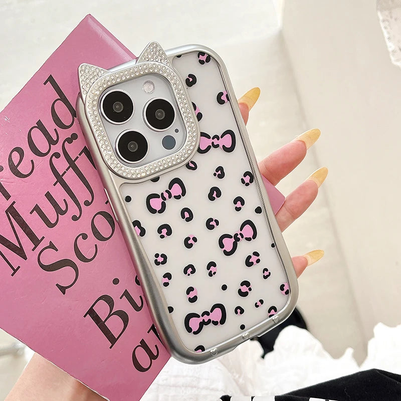 Cute Phone Cases: Leopard Bowknot Cat Ear Silver Case for iPhone 15/14/13/12 Pro Max - TSP313