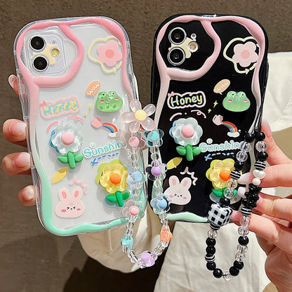 TSP181-B Cute Phone Cases For iPhone 15, 14, 13 Pro Max - With Cartoon Bracelet Chain, Transparent Cover