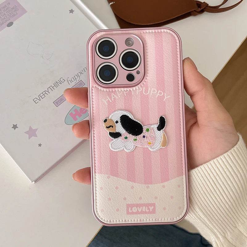 Cute Phone Cases For iPhone 16, 15, 13, 14 Pro Max - Pink Cartoon Dog Puppy - Soft Leather Cover - PC4421 - Touchy Style