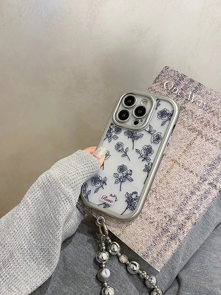 Cute Phone Cases: 3D Black Rose Flowers Silver Bumper Clear Back Cover for iPhone 11-15 Pro Max - TSP312