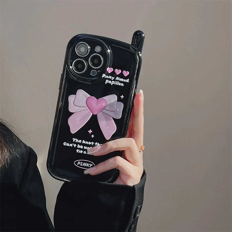 Cute Phone Cases for iPhone 14, 13, 12, 11 Pro Max, or 14 Plus - Black Cover with Pink Bow - TSP448