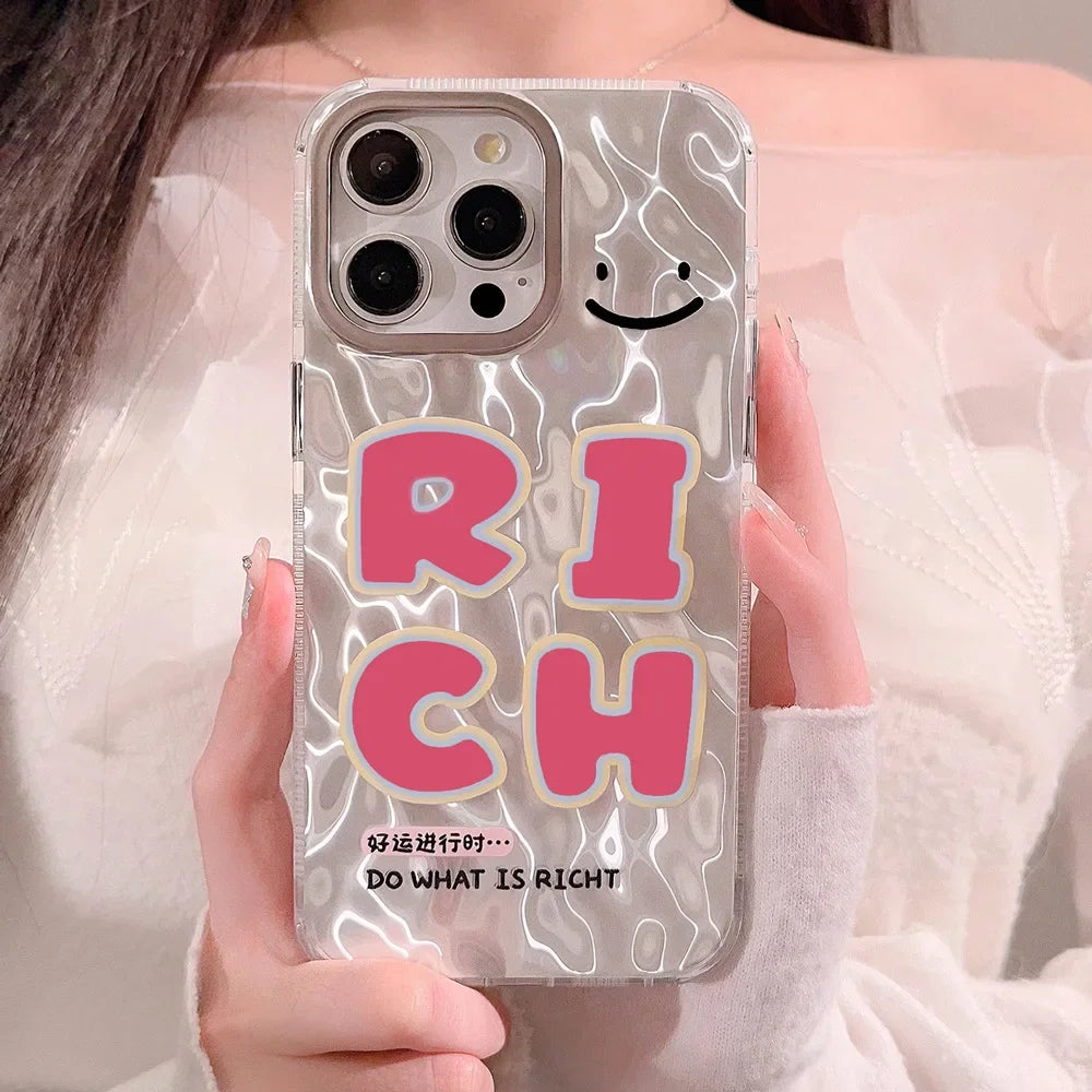 Cute phone Cases For iPhone 15, 14, 13, 12 Pro Max, 15 14 Plus - Pink Good Luck Rich Letters, Water Ripple Art Cover - IC7011