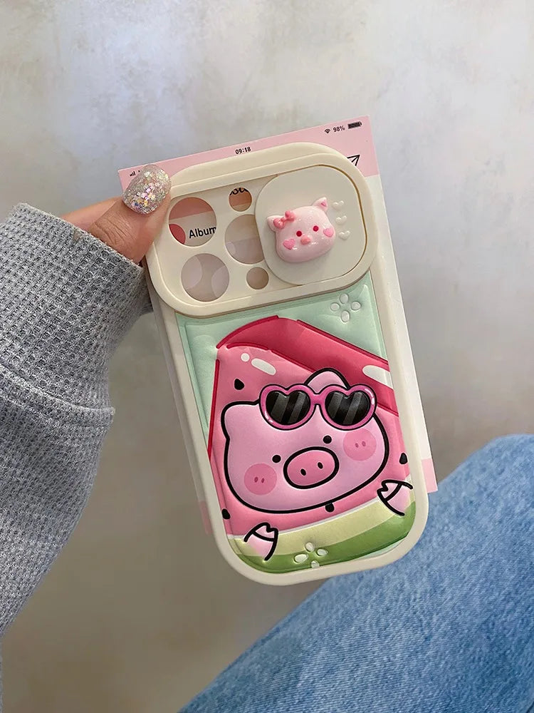 Cute Phone Cases: Cartoon Pig Lens Protector Case with Bracelet for iPhone 15/14/13/12 Pro Max - TSP314