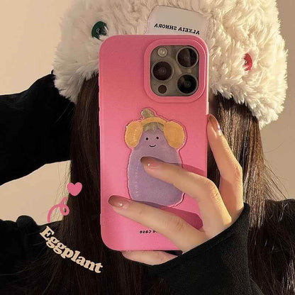 Cute Phone Cases For iPhone 16, 15, 13, 14, 12 Pro Max, 16 Plus - 3D Eggplant with Happy Smile - PC5210 - Touchy Style