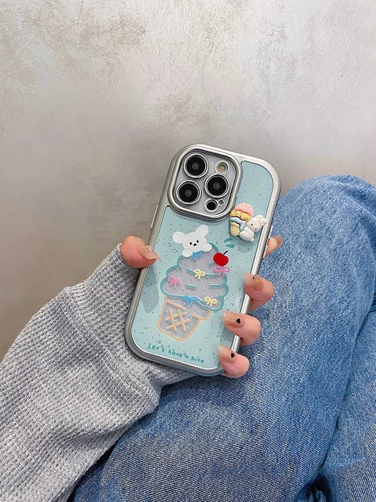 Cute Phone Cases: Sweet Ice Cream Bunny Silver Bumper for iPhone 15/14/13/12 Pro Max - TSP315