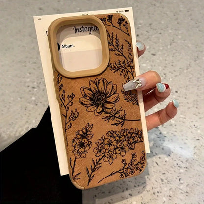 Cute Phone Cases For iPhone 16 15 14 13 12 11 Pro XS Max XR X 15 Plus 16 Pro Max - Line Flower Sunflower Pattern - Leather Matte Cover