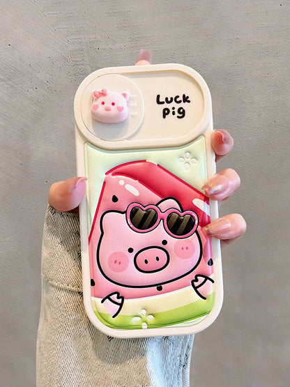 Cute Phone Cases: Cartoon Pig Lens Protector Case with Bracelet for iPhone 15/14/13/12 Pro Max - TSP314