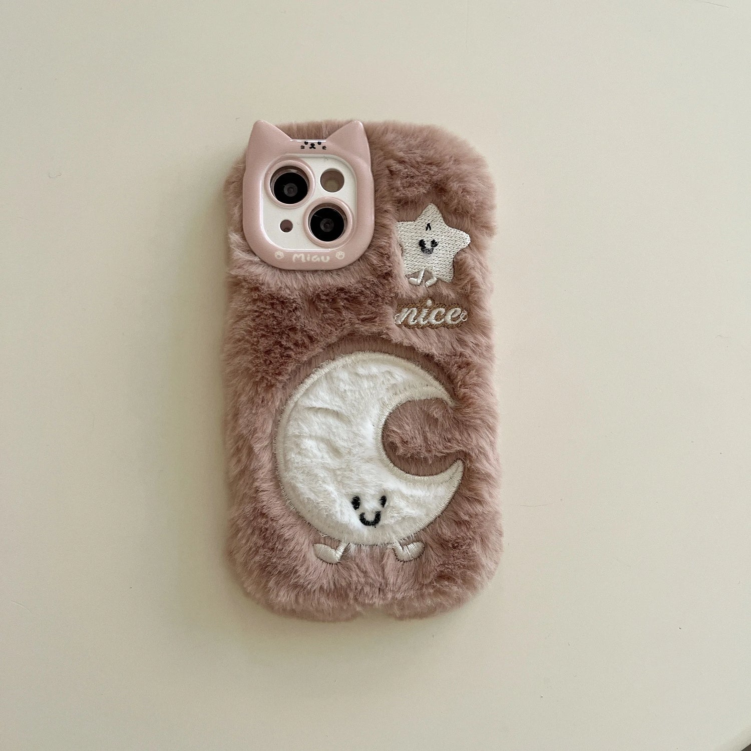 Cute Phone Cases For iPhone 16, 15, 14, 13 Pro Max - Cartoon Star &amp; Moon Fluffy Embroidery Cat Ear Lens Frame - PC9420