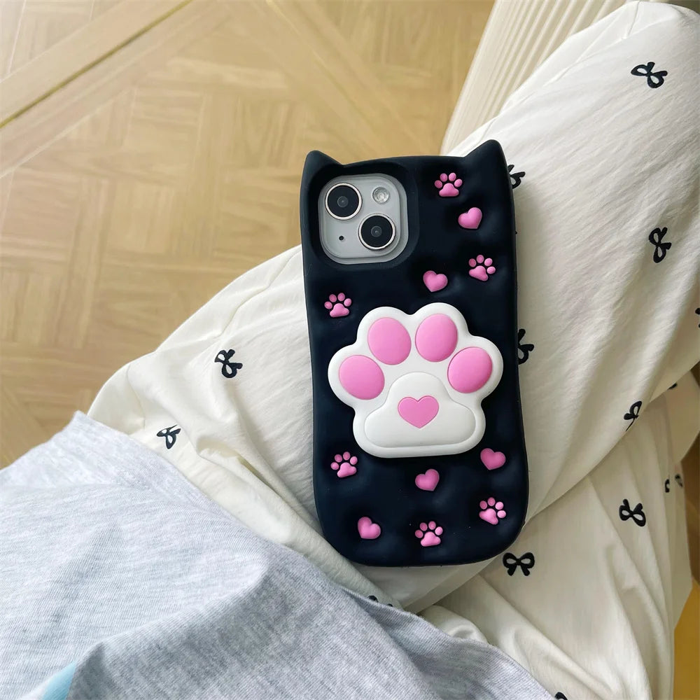 Cute Phone Cases: 3D Cat Paw Silicone Case with Stand for iPhone 15/14/13/12 Pro Max - TSP310