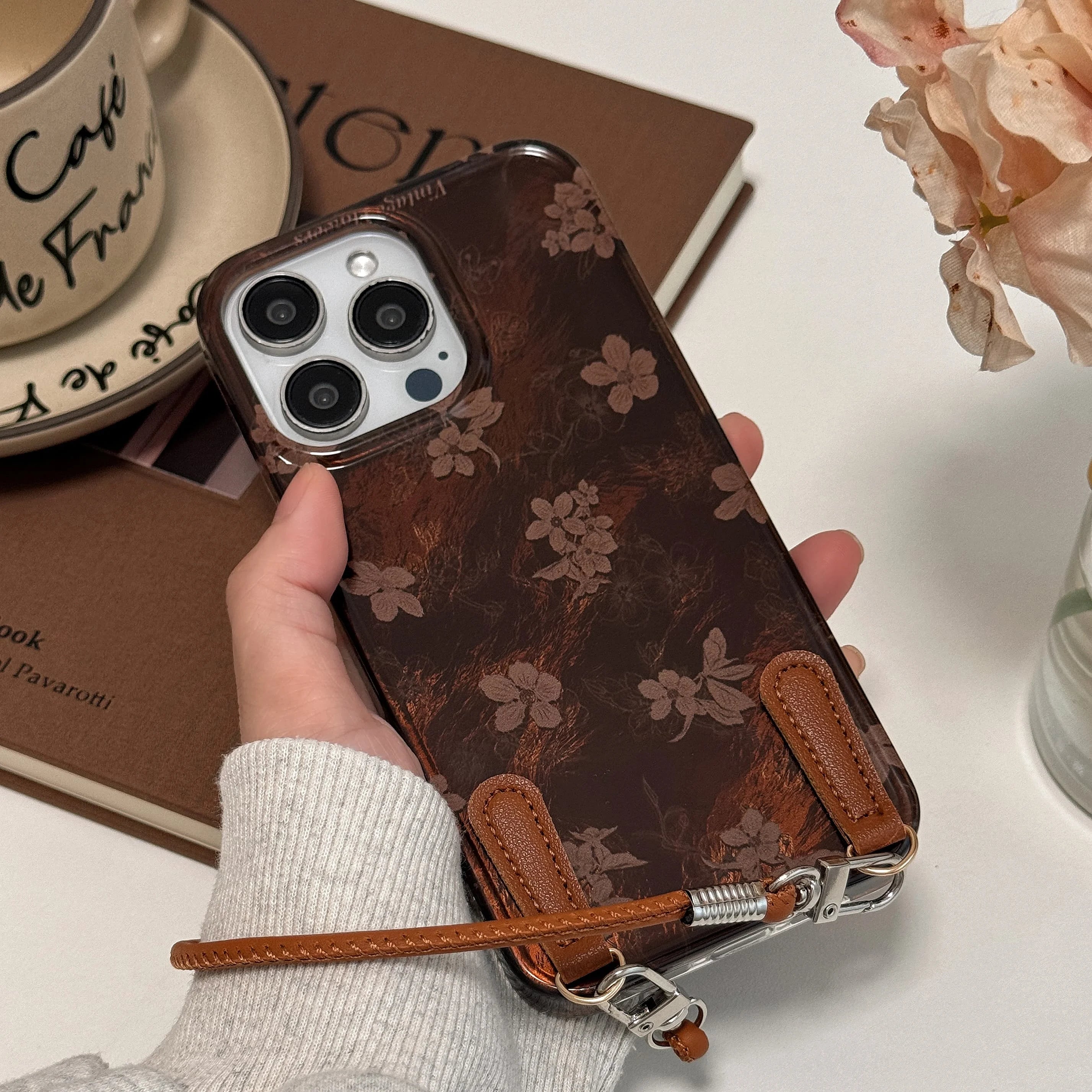 Cute Phone Cases for iPhone 16, 15, 14, 13 Pro Max - Leather Floral Prints With Leather Wrist Band - Chic Back Cover - PC2420